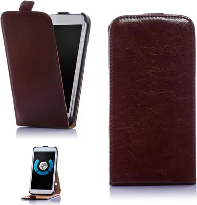 A collage of images showing a brown leather flip-style phone case for a Samsung Galaxy S4 mini, including a view of the case open with the phone inside, a view of the closed case, and a view of the phone standing up in the case.