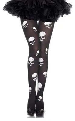 Produktbild von Totenkopf Strumpfhose Damen – Schwarze Strumpfhose mit Skull Muster – One Size – Für Gothic & Kostüm Fans – Halloween Fasching Karneval