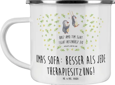 Produktbild von Mr. & Mrs. Panda Emaille Tasse Oma Sofa - Weiß - Geschenk, Familie, Teetasse, Liebe, Großmutter, Omi, Becher, Zuflucht, handgemacht, Blechtasse, Pott, Verwandte