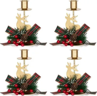 Produktbild von Unyqoos® 4er-Set Weihnachts-Kerzenhalter Rentier, Vintage Landhaus-Tischdeko, Herbstgold, 15 cm H, Ø Fuß 8 cm, für Kegelkerzen ≤2,2 cm