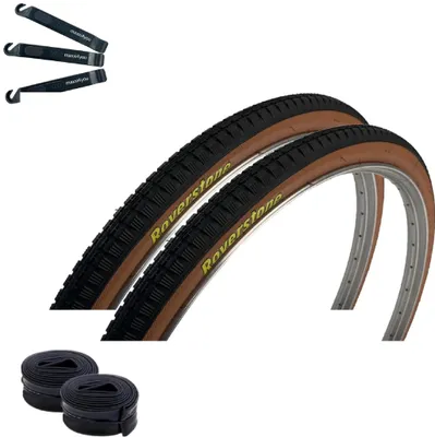 Produktbild von 2 x Roverstone Fahrradreifen 28 x 1 1/2 (40-635) Schwarz/Braun + 2 Schläuche DV inkl. Reifenheber