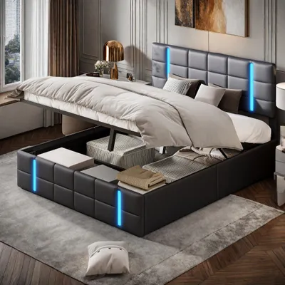 Immagine prodotto di UnboxG Letto imbottito matrimoniale 140x200 cm con LED, USB C, letto idraulico con contenitore e testata, letto contenitore struttura letto con rete in metallo e rete a doghe, PU, nero
