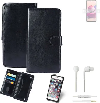 Produktbild von K-S-Trade 360° Hülle kompatibel mit Xiaomi Redmi Note 10S inkl. Headphones schwarz Kunstleder Case BookCase WalletCase Kunstlederederhülle
