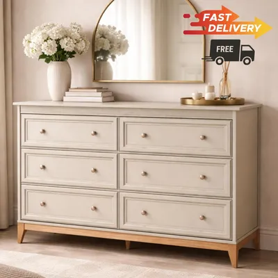 Produktbild von Windsor 03 Kommode in Kaschmir mit Eichenholzfüßen – 6 Schubladen, Soft-Close, goldene Griffe