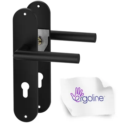 A pair of black door handles with escutcheons and a cleaning cloth with a logo.