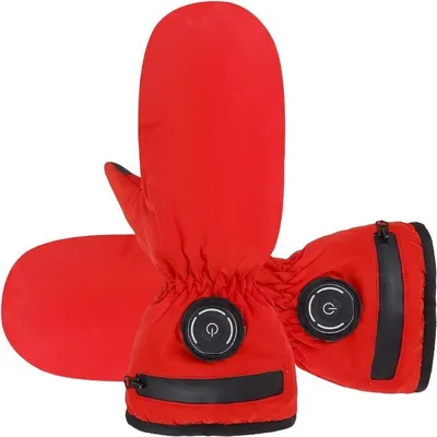 A pair of red heated mittens with black accents and power buttons.