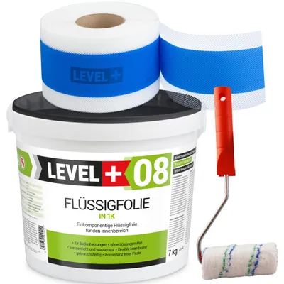 Obrázek produktu pro Hydroizolační sada Tekutá fólie 7 kg Těsnicí páska 10mb + Malířský váleček LEVEL+ SET296
