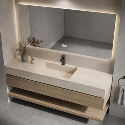 Produktbild von Badmöbel-Set mit Sinterstein-Waschbecken in Travertine look, verdecktem Ablauf, Spiegel, Unterschrank, Ablage, Ablaufgarnitur 140*55 cm【NF1798-140K】