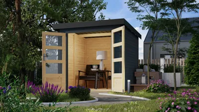 Produktbild von Karibu Hybrid Gartenhaus Hollywood anthrazit inkl. Fußboden Gartenlaube Geräteschuppen Gartenhütte