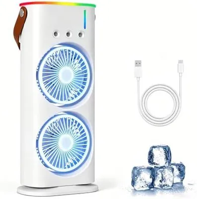 Produktbild von Mobile Klimaanlage 4 in 1, Luftkühler Ventilator USB, Mini Klimagerät mit 280ml Wassetank, Luftbefeuchter, LED -Licht, 3 Geschwindigkeiten, 3 Nebelmodi, Luftreiniger für Hause, Büro, Reisen