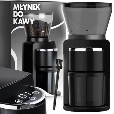 A collage of product images showing a coffee grinder from different angles, with packaging in the background.