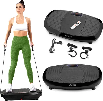 A woman is using a vibration plate with resistance bands, and separate images of the vibration plate and its accessories are shown.