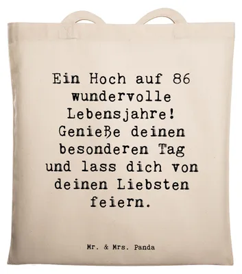 Produktbild von Mr. & Mrs. Panda Schultasche Spruch 86. Geburtstag - Transparent - Geschenk, Liebe, Jubiläum, Jutebeutel, Alter, Tasche, Shopping, Geschenkideen, Zuneigung, Tote Bag