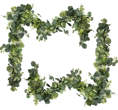 Immagine prodotto di Ghirlande di eucalipto, 2 pezzi, 180 cm, pianta artificiale, foglie verdi con fiori bianchi
