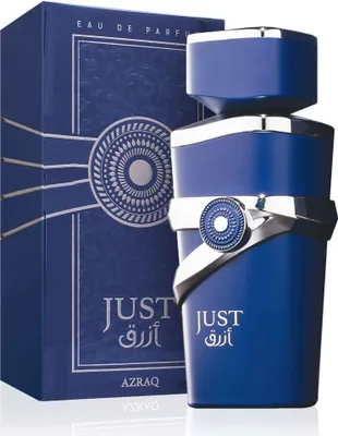 A blue perfume bottle and its packaging are displayed against a white background.