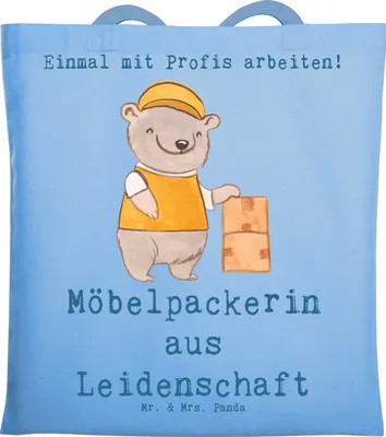 Produktbild von Mr. & Mrs. Panda Tote Bag Möbelpackerin Leidenschaft - Sky Blue - Geschenk, Tragetasche, Umzugsfirma, Büchertasche, Beutel, Shopping Tasche, Umzugsservice, Jutetasche