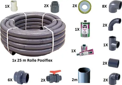 Produktbild von VERROHRUNGSSET 50 mm Poolflex Fittinge Kleber PVC Rohr Poolbau Verrohrung