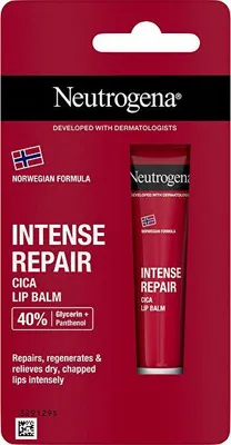 The image shows the packaging of a Neutrogena lip balm product.
