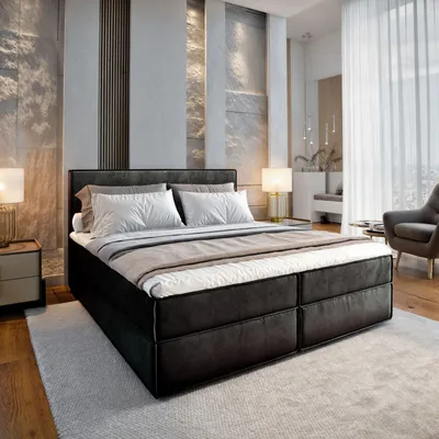 Produktbild von Masseno Boxspringbett PELLIO 160x200 cm Komplett-Set mit Bonell Matratze und Topper, Polsterbett mit Bettkästen -Schwarz, MONOLITH 95