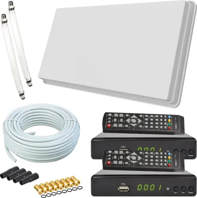 Produktbild von Selfsat H30D2+ Flachantenne Twin + 2 HD RECEIVER + 20m Kabel + Fensterhalterung + 2 Fensterdurchführung + 8 F-Stecker + 4 Wetterschutztüllen (Full HD 4K UHD Sat Anlage für 2 Teilnehmer)