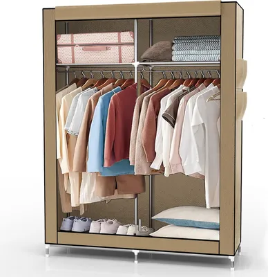 Produktbild von Intirilife Faltschrank 108x170x45 cm in CRÈME BEIGE - mit Reißverschluss Stoffschrank Kleiderschrank mit Kleiderstange, Fächern und Seitentasche - Camping Steckschrank Textil Garderobe