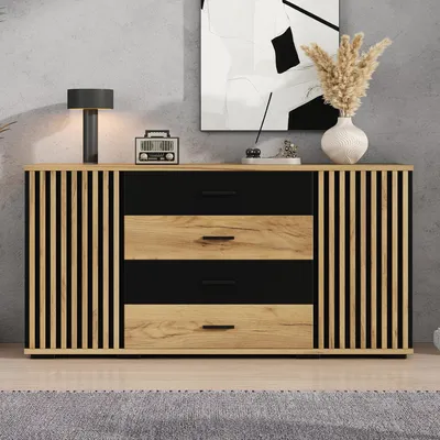 Immagine prodotto di Mobile contenitore da 140 cm con 4 cassetti e 2 ante, finitura verticale a listelli, colore noce nero, realizzato in MDF, dimensioni 140x35x70 cm, ideale per soggiorno e sala da pranzo