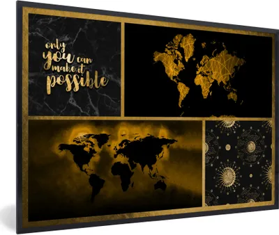 Produktbild von MuchoWow® Gerahmtes Poster Weltkarte - Collage - Luxus - Gold 90x60 cm - Poster mit Schwarzem Bilderrahmen Wandposter Rahmen Foto Bilder - Fotorahmen - Foto-Plakat