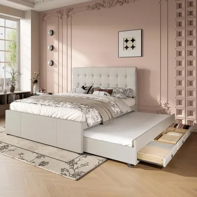 Produktbild von Polsterbett 140x200 cm, Doppel- & Familienbett mit 3 Schubladen & ausziehbarem Bett, verstellbares Kopfteil, ideal für Schlafzimmer, ohne Matratze, Beige