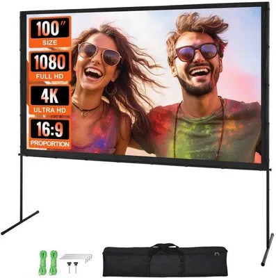 Immagine prodotto di Schermo per proiettore con supporto - Schermo per proiettore da 100 pollici HD 4K per esterni e interni - Schermo cinematografico portatile a ripiegamento rapido - 16:9 per home cinema, campeggio ed eventi di svago - Nero