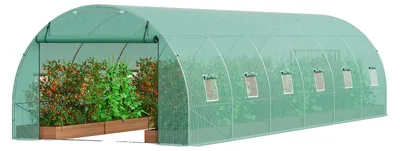 Produktbild von VEVOR Gewächshaus im Tunnelstil, 3,6 x 2 x 2 m / 12 x 7 x 7 ft Tragbares Pflanzenhaus mit verzinkten Stahlbögen, 1 Oberträger, 2 Diagonalstangen, 2 Reißverschlusstüren & 6 Rollfenstern, Grün, Grün-30x10x7 ft-Domdach