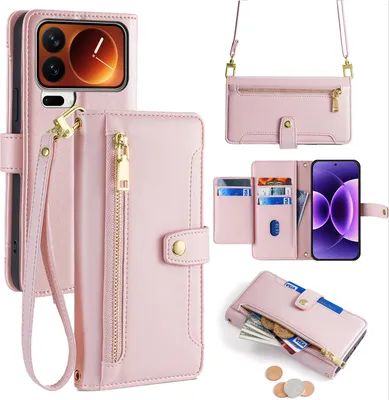 Produktbild von Handykette für Xiaomi 17 Pro Hülle mit Band Handyhülle Kartenfächer Kunstleder Umhängetasche in Rosa
