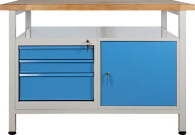 Produktbild von Werkbank Rhino mit Ablagefläche + 3 Schubladen + 1 Tür | HxBxT 84x120x60cm | Traglast 300kg | Lichtgrau/Lichtblau