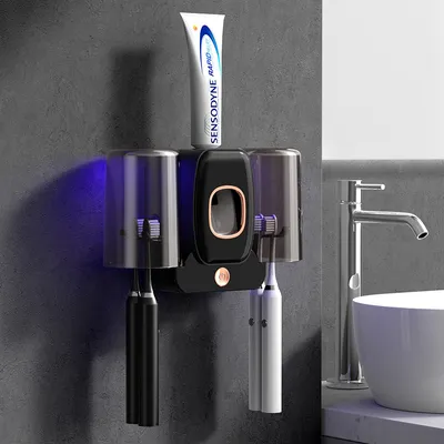 Imagen del producto de Soporte inteligente para cepillos de dientes con esterilizador de luz UV, montaje en pared sin necesidad de taladrar, eliminación de gérmenes con luz UV-C, resistente al polvo y duradero