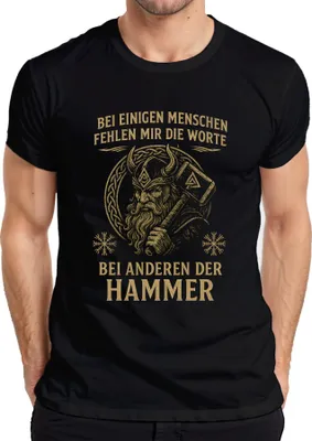 Zdjęcie produktu dla Tęsknię za innymi słowami Koszulka męska z młotem Viking Thor Mjölnir, Czarny, L