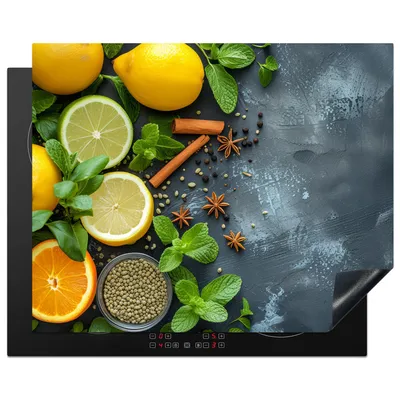 Obrázok produktu pre KitchenYeah® Kryt varnej dosky ovocie - betón - rastliny - citrón - škorica, 65x52cm, kuchynská dekorácia, keramický kryt varnej dosky, kryt varnej dosky