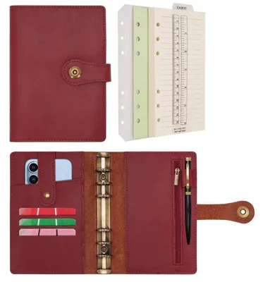 Image de Cahier à spirales A6, rechargeable, en cuir, avec classeur et pochettes, papier ligné, stylo, couleur bordeaux