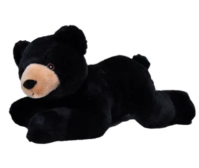 A black bear plush toy lying down on a white background.