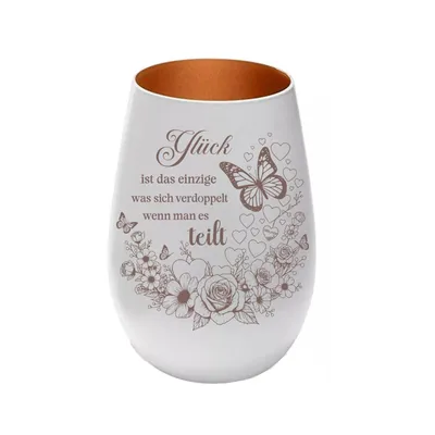 Produktbild von Stölzle Lausitz Windlicht aus Glas weiß bronze mit Lasergravur „ Glück ist das einzige..“, persönliches Geschenk für Freunde, Familie und Partner