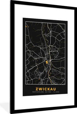 Produktbild von MuchoWow® Gerahmtes Poster Stadtplan - Deutschland - Gold - Zwickau - Karte 60x90 cm - Poster mit Schwarzem Bilderrahmen Wandposter Rahmen Foto Bilder - Dekoration - Wandposter Wohnzimmer - Hochwertig
