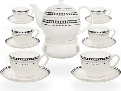 Produktbild von Buchensee Kaffeeset / Teeset / Teeservice / Teekanne / Kaffeekanne 1,5 liter mit Stövchen und 6 Tassen je 210ml, Rautendeko, Fine Bone China
