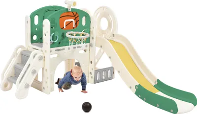 Produktbild von Merax 7 in 1 Kinder Rutsche mit Basketballkorb, Wurfring, Bogentunnel und Teleskop, Kinderrutsche Spielzentrum Spielplatz Spielhaus für Indoor & Outdoor