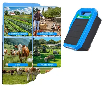 Immagine prodotto di Dispositivo di recinzione elettrica, pannello solare da 10W, potenza di uscita di 2 Joule, portata di 5 km, grado di protezione IP65 (resistente agli agenti atmosferici), design compatto