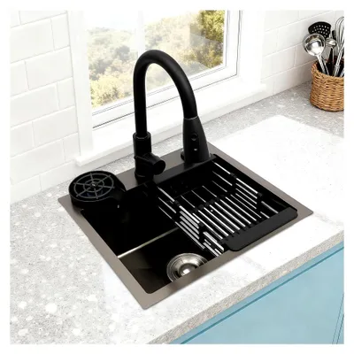 Produktbild von Schwarzes Spülbecken 45×40 cm mit Tassenspüler und Abflusskomponenten für Küchen