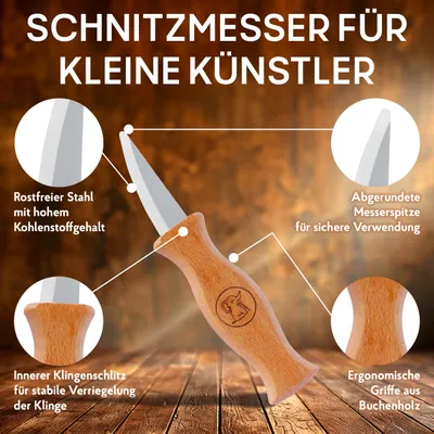 Produktbild von Eli®Schnitzmesser Kinder Set ab 6 Jahre, hochwertiges 5-teiliges Kindermesser Schnitzset inkl. schnittfeste Handschuhe, Kinderschnitzmesser, Messer