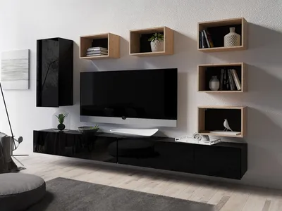 Produktbild von Wohnwand CALABRINI-37 Wohnzimmer-Set Hängewohnwand Schrankwand Schrank TV-Schrank Moderne Anbauwand Hochglanz (Schwarz / Artisan Eiche)