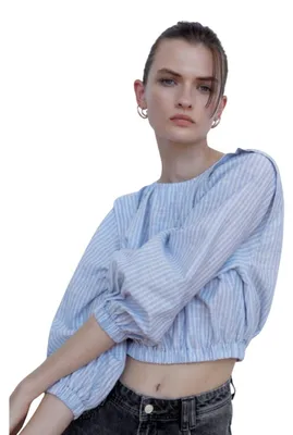 Produktbild von Zara Damen Crop-Top Bluse aus Leinen in Blau gestreift XS