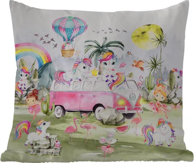 Produktbild von MuchoWow® Outdoor Kissen - Einhorn - Regenbogen - Kinder - Mädchen - Auto - 45x45 cm - Wetterfest - Lounge Kissen - Fotokissen - Dekoratives Kissen