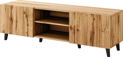 A wooden TV lowboard with black legs against a white background.