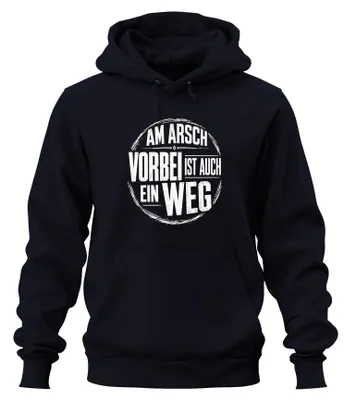 Obrázek produktu pro "Am Arsch vorbei" – nápis, sarkastický výrok. Mikina s kapucí, tmavě modrá, velikost L