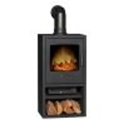 Produktbild von Adam Bergen XL Elektrokamin mit schrägem Ofenrohr und Holzlagerfach, Anthrazit Grau, LED Flammeneffekt, 0,9/1,8 kW Heizleistung